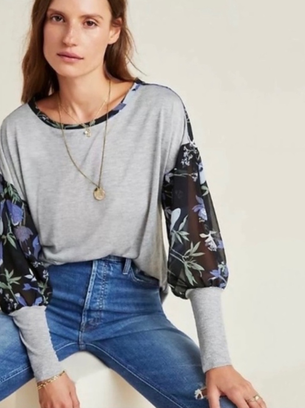 Anthropologie TINY Raye Mixed Media Floral Balloon Sleeve Top Size M